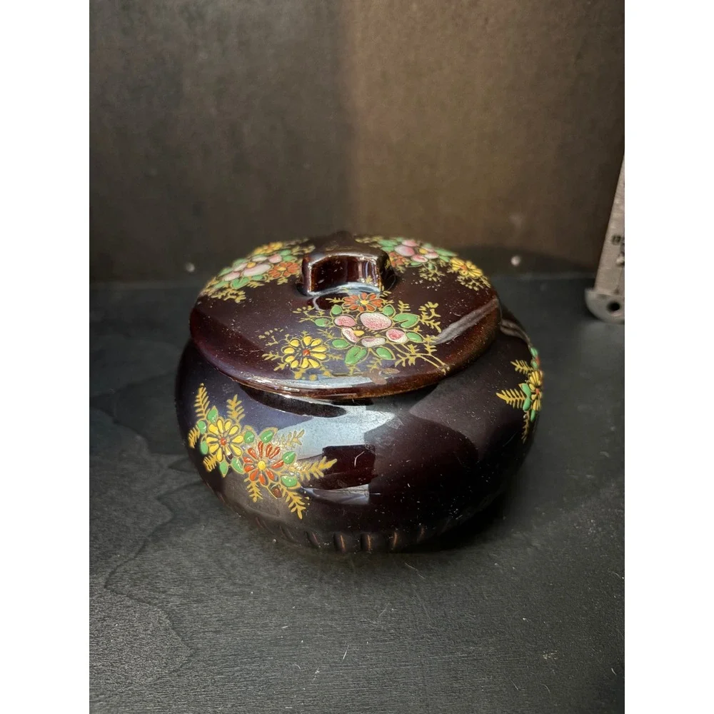 Vintage Made in Japan Brown Moriage Floral Ceramic Lidded Ginger Jar Sugar Bowl